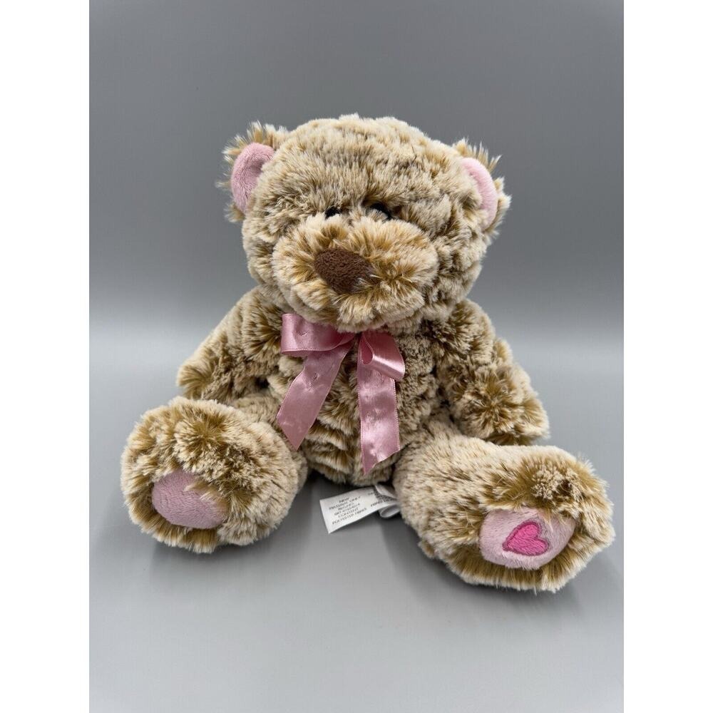 Animal Adventure Shaggy Brown Teddy Beat W/ Pink Bow & Heart On Foot Plush 8"